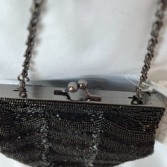 Carlo Fellini Black Formal Evening Bag Detailed Beadwork Clutch w  Chain NWT - Picture 3 of 12